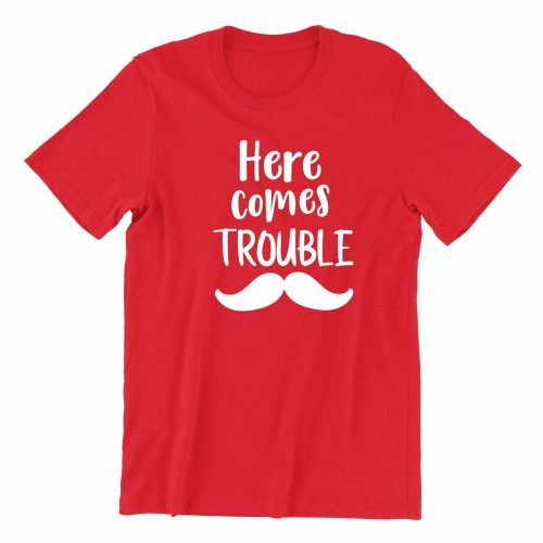 Here comes trouble kaobeiking cute graphic casual wear singapore teen fun typo quote red streetwear teeshirt