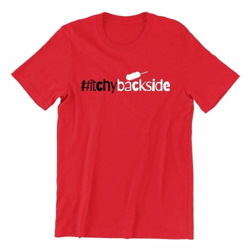 Itchy-Backside-red-crew-neck-unisex-tshirt-singapore-kaobeking-funny-singlish-hokkien-clothing-label