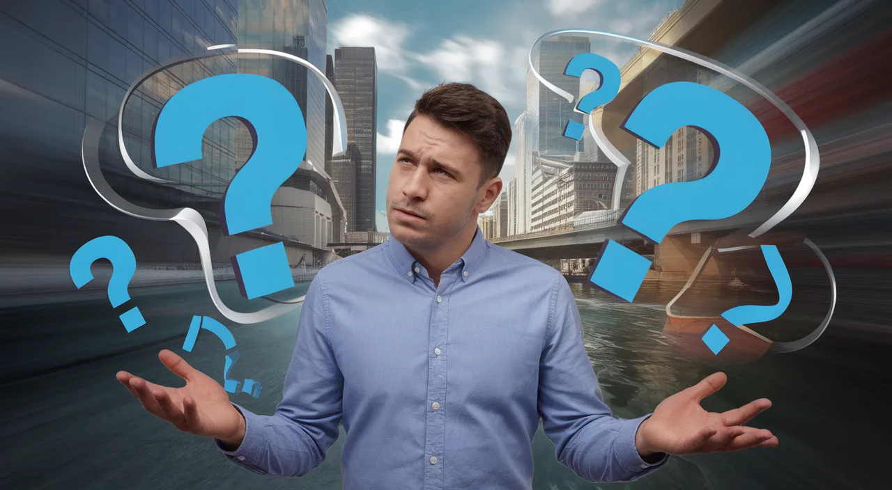 Man bewildered by complex information Man looking confused, surrounded by abstract, floating question marks in a city setting, vivid realistic Ideogram style