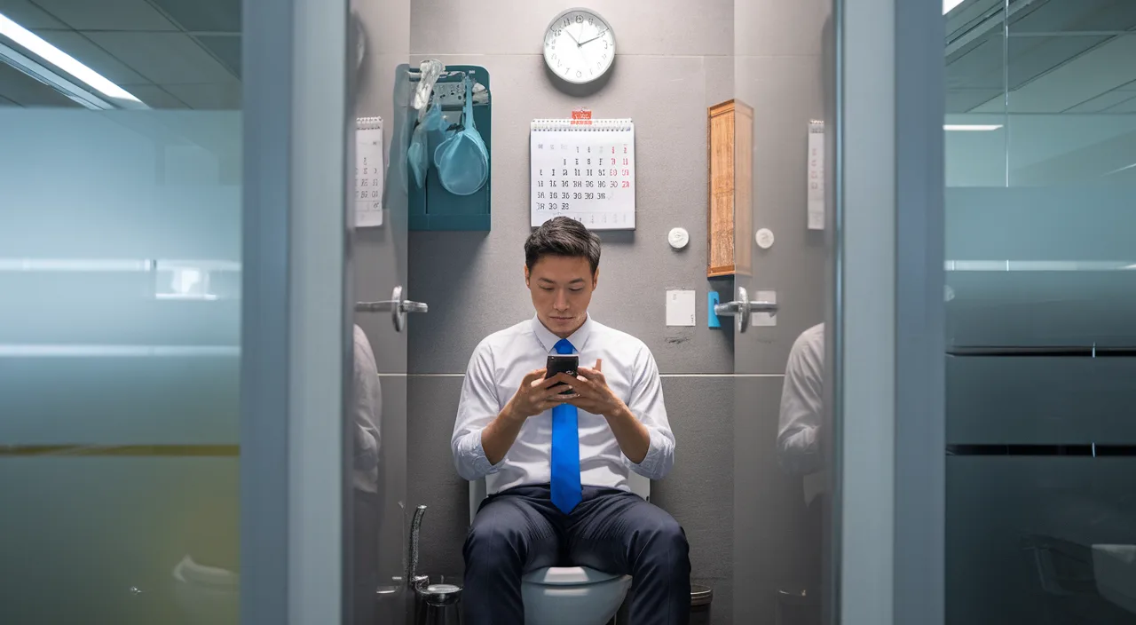 Man hiding at work on phone