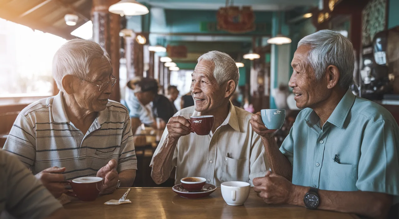 Elder Singaporeans talking over kopi in dialects Old Singaporeans chatting over kopi