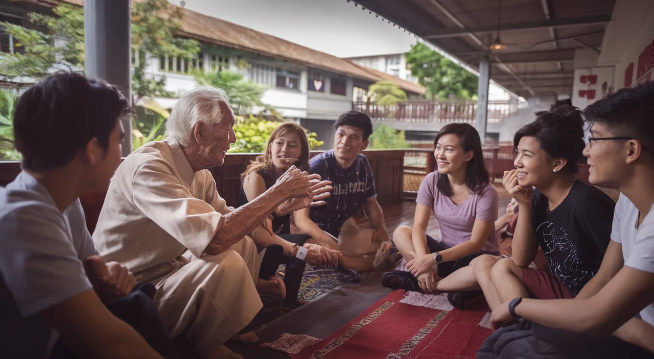 Singaporeans Share Stories Elderly Singaporean telling a story to young adults, nostalgic atmosphere