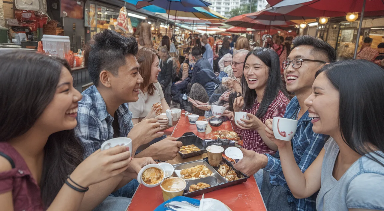 Friends practicing Singlish at hawker centre Group of diverse young adults laughing and chatting over kopi at a hawker centre, vivid realistic Ideogram style