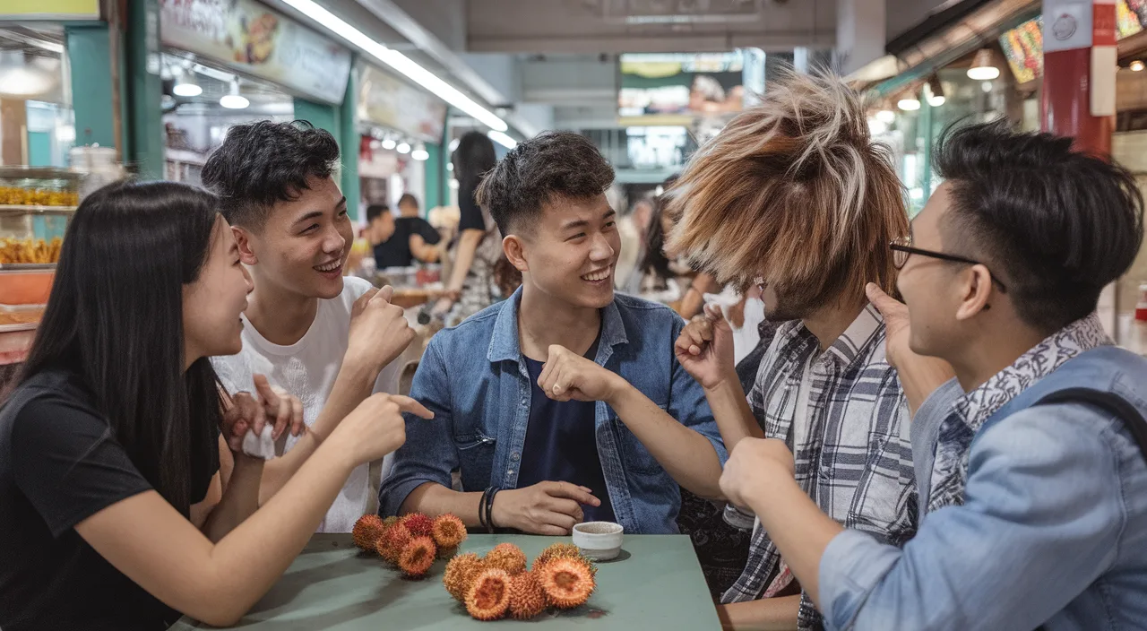 Singaporean friends teasing rambutans Friends laughing about a wild hairstyle