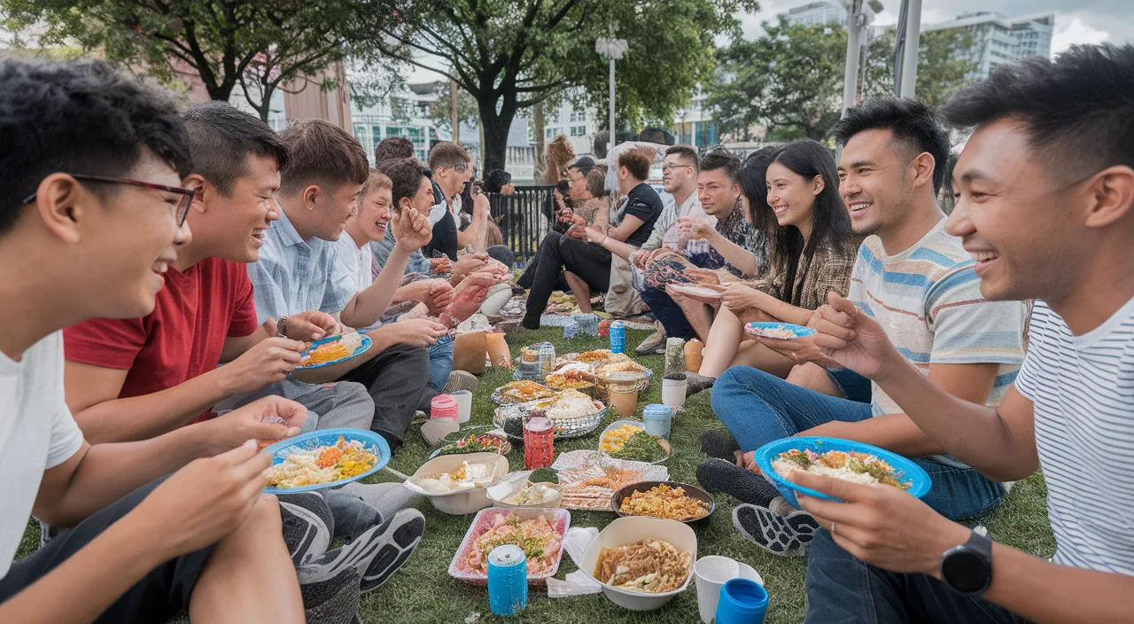 Gen Z 'cincai' gathering A diverse group of Singaporean Gen Z and young professionals laughing and eating 'cincai' style at a casual outdoor gathering, showcasing the easy-going 'Cincai culture in Singapore' in a vivid, realistic Ideogram style.