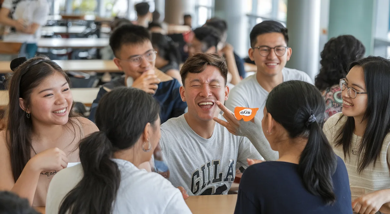 Bonding over the word Gila Singaporean students laughing and chatting with word Gila