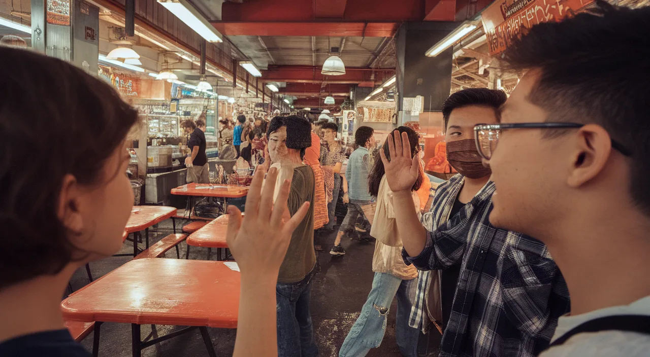 Hawker Centre 'No Need Lah' Young Singaporean friends at hawker centre, one politely declining food offer
