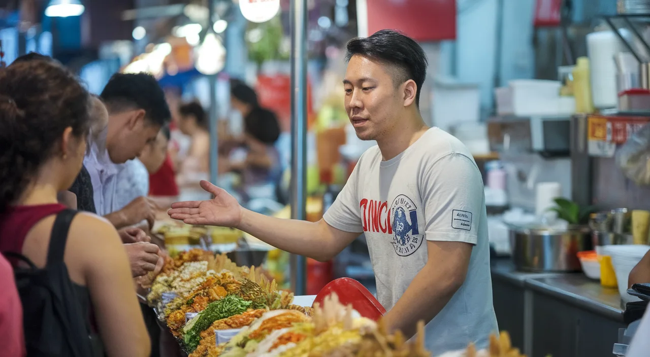 Hawker stall 'cincai' order A Singaporean hawker stall owner casually gesturing with a