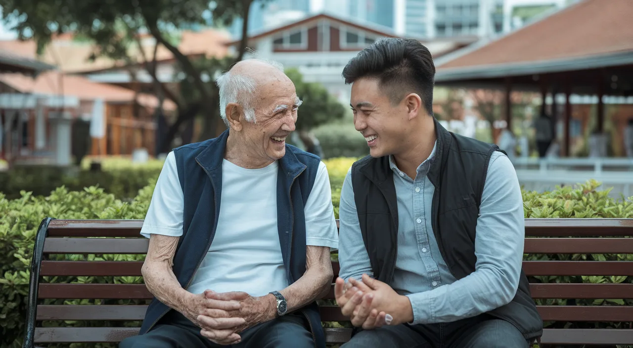 Generations connecting through Singlish dialogue Elderly and young Singaporean converse warmly