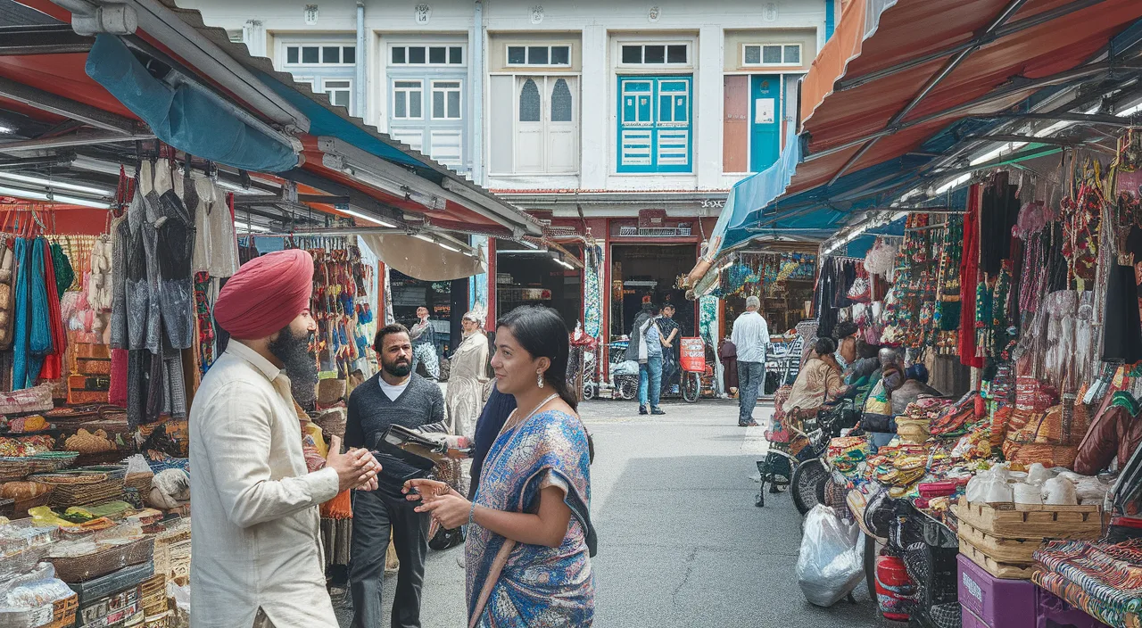 Origins of Singlish Linguistic Roots Historical depiction of diverse linguistic influences in Singapore, with people from different cultures conversing in a marketplace, showcasing the origins of Singlish in a vibrant street scene.