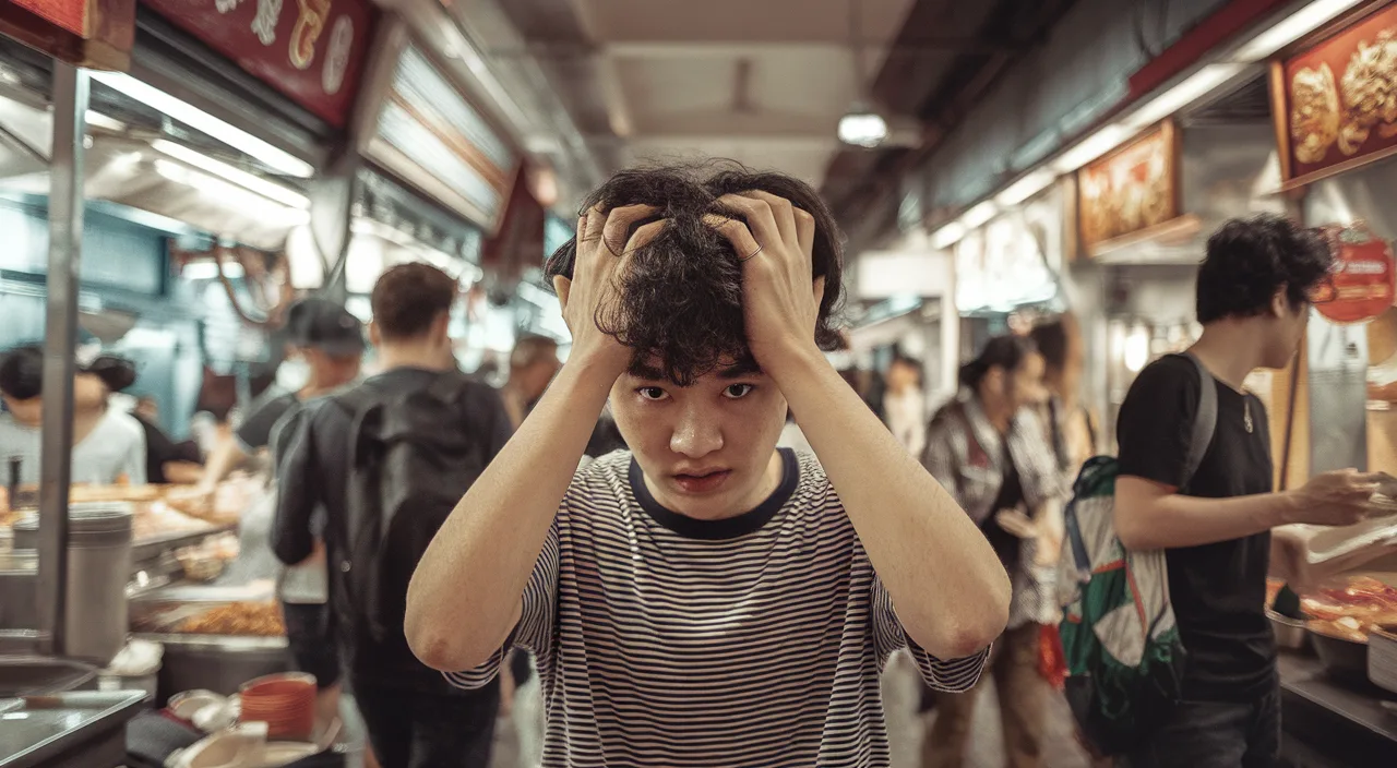 Peng San in Singapore Hawker Centre Young person looking overwhelmed amidst a bustling Singaporean hawker centre, head in hands.