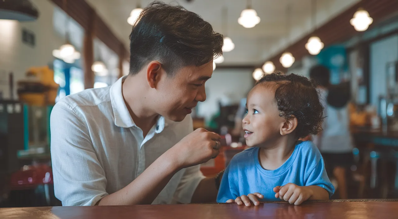 Passing down Singlish heritage Young adult teaching Singlish to child
