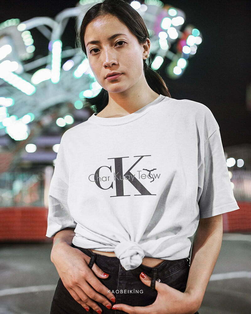 singapore oversized tshirt streetwear brief style woman in white tee CK vinyl print singapore oversized tshirt streetwear brief style woman in white tee CK vinyl print