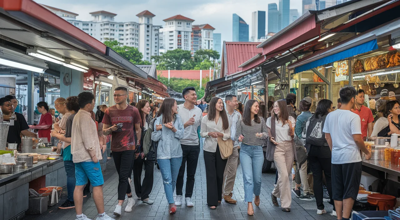 Singaporean Culture Language Connection Vivid realistic Ideogram style, multicultural group of Singaporean Gen Z and young professionals conversing animatedly at a bustling hawker centre, reflecting Singaporean culture through language, with iconic HDB flats in the background.