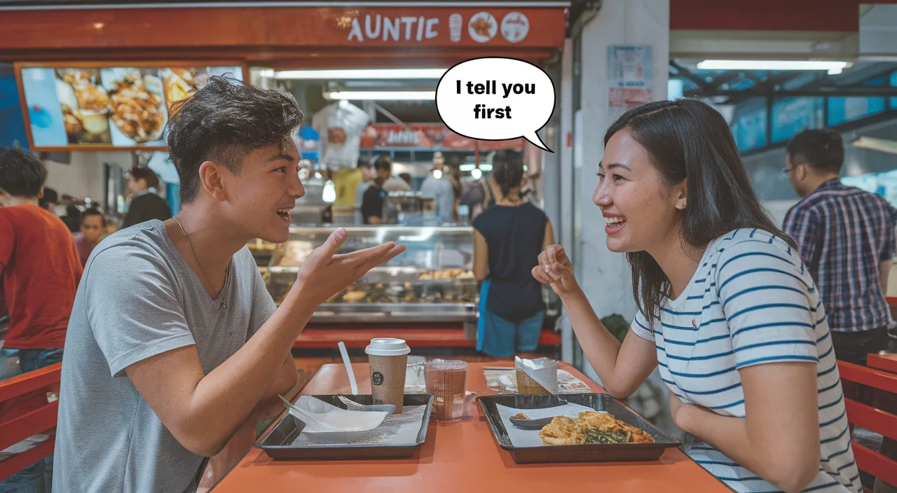 Two friends talking at a hawker centre