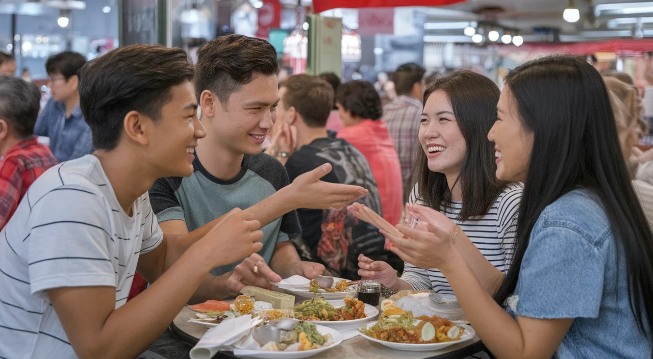 Friends settling disputes steady bom pi pi Diverse group of Singaporean friends resolving a disagreement with laughter and shared food, authentic moment