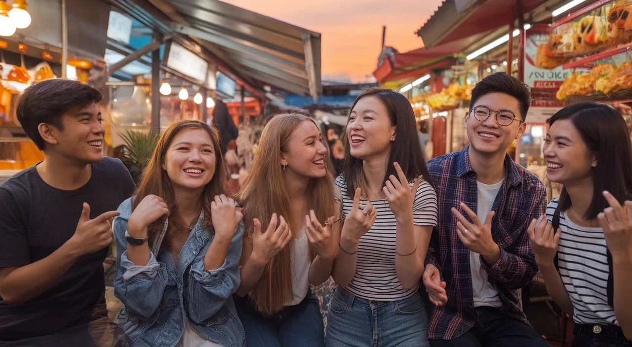 Friends enjoying hawker food with Singlish Young Singaporeans laughing at hawker center