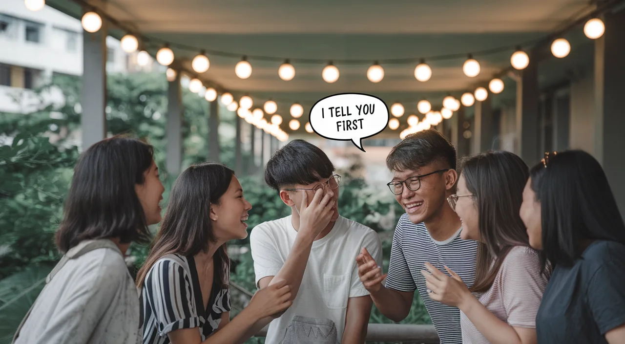 Friends speaking Singlish at hawker centre