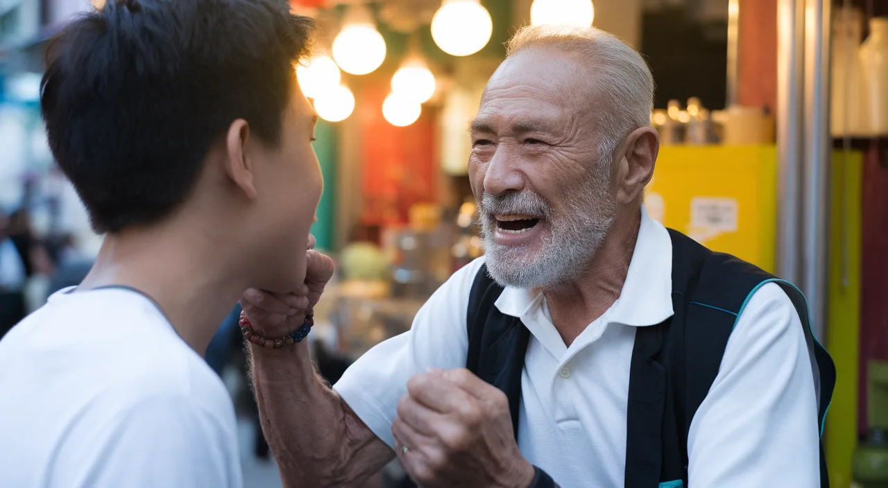 Cartoonish heritage image of a Singaporean uncle shouting Quitter never win!