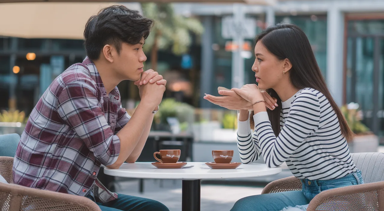 Professionals resolving argument steady bom pi pi Two Singaporean young professionals calmly discussing a disagreement over coffee, diverse and modern