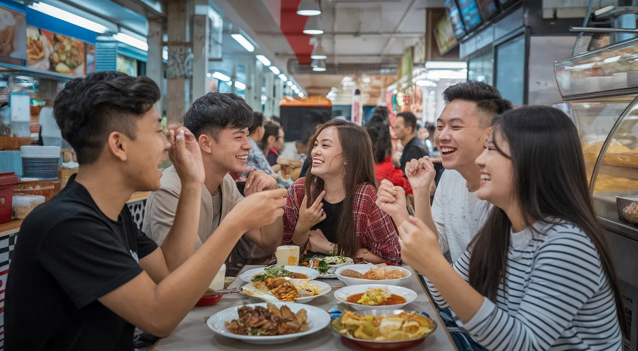 Group of friends teasing each other in Singlish