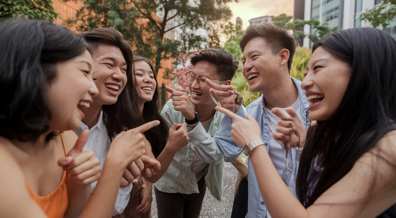 Two friends laughing at Singlish joke