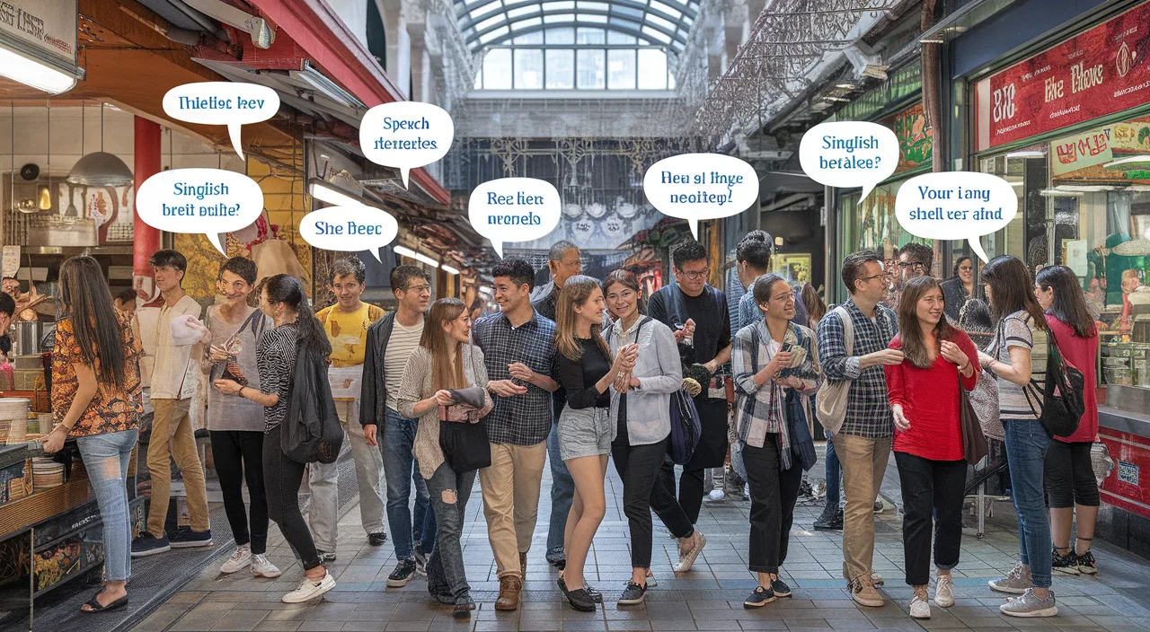 Singapore Slang Origins Chatter Young Singaporeans discussing Singlish origins in a hawker centre