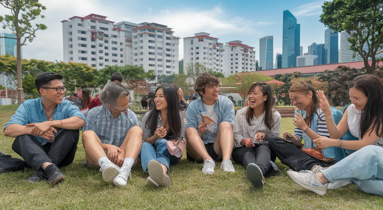 Singlish and Singaporean Identity Diverse young Singaporeans laughing and chatting, iconic HDB flats in background.