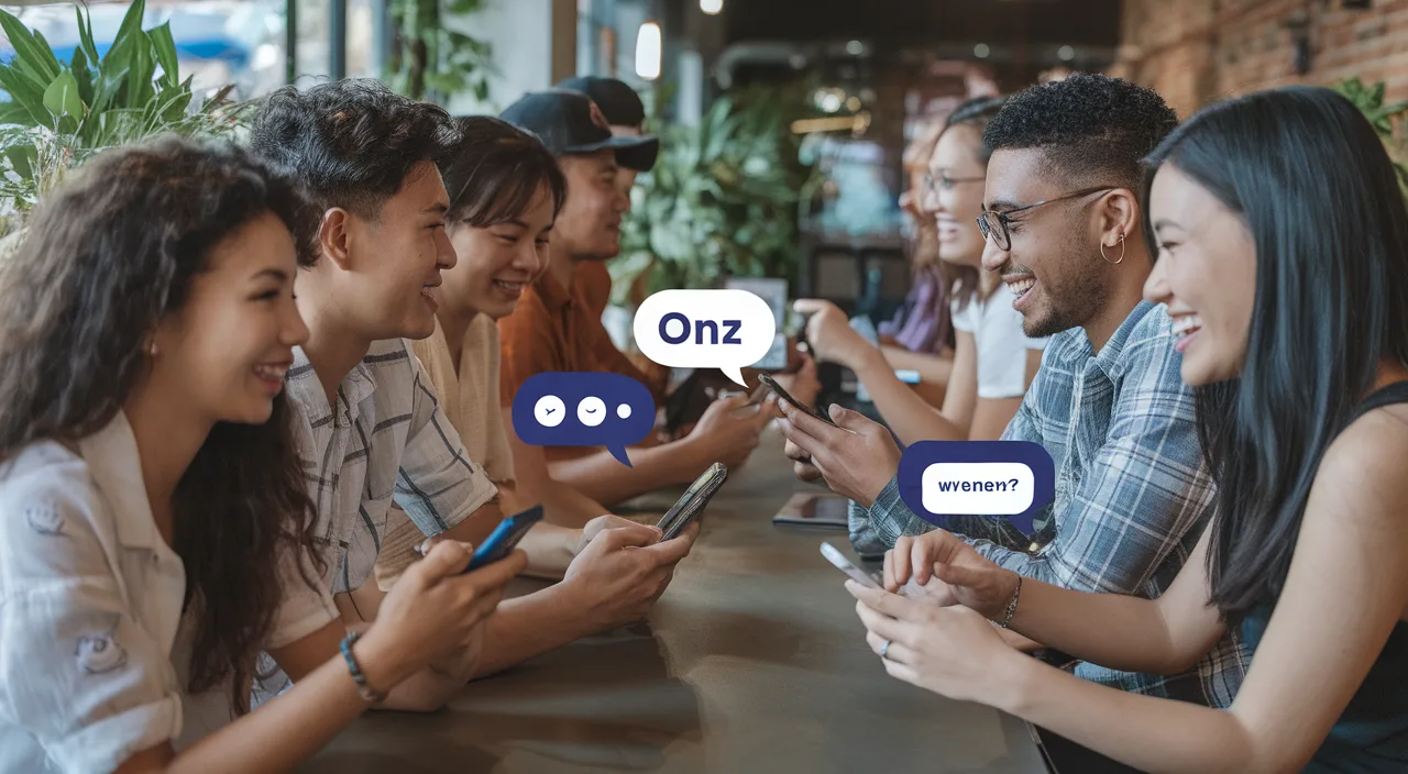 Group of friends chatting with Singlish slang