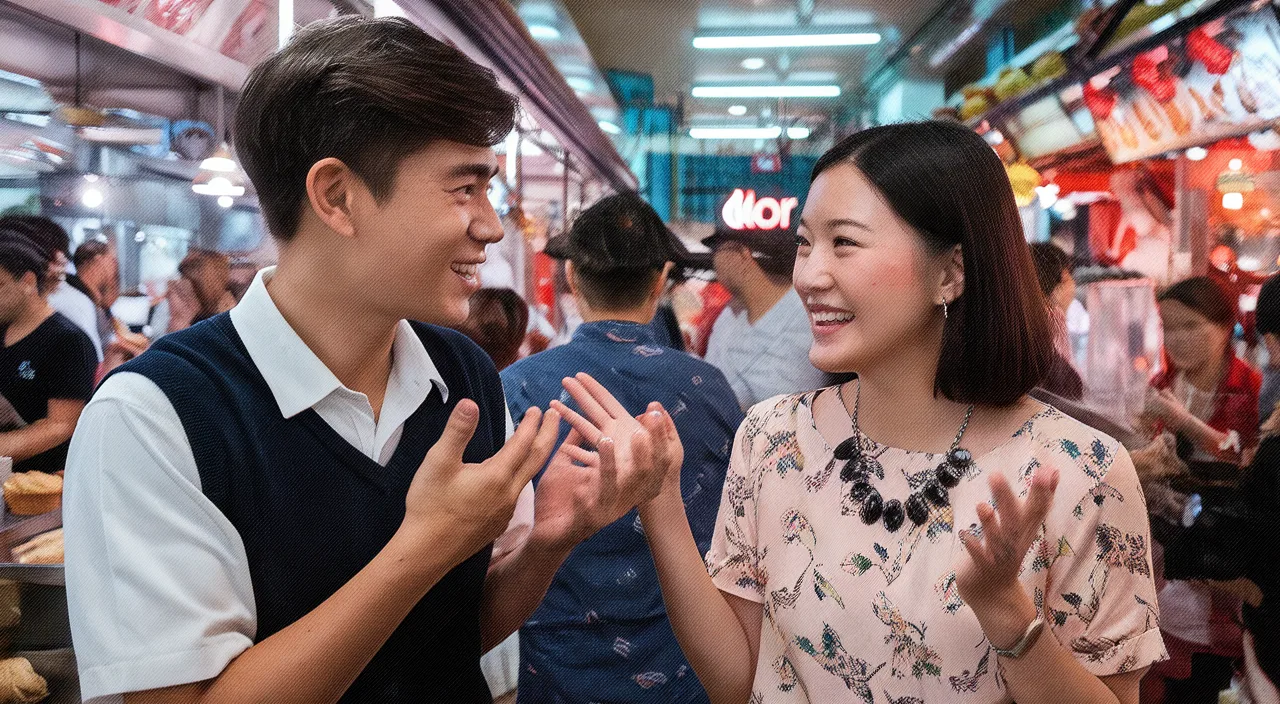 Singaporeans Talk Singlish Lor Young Singaporeans conversing animatedly, incorporating Singlish particle 'Lor'