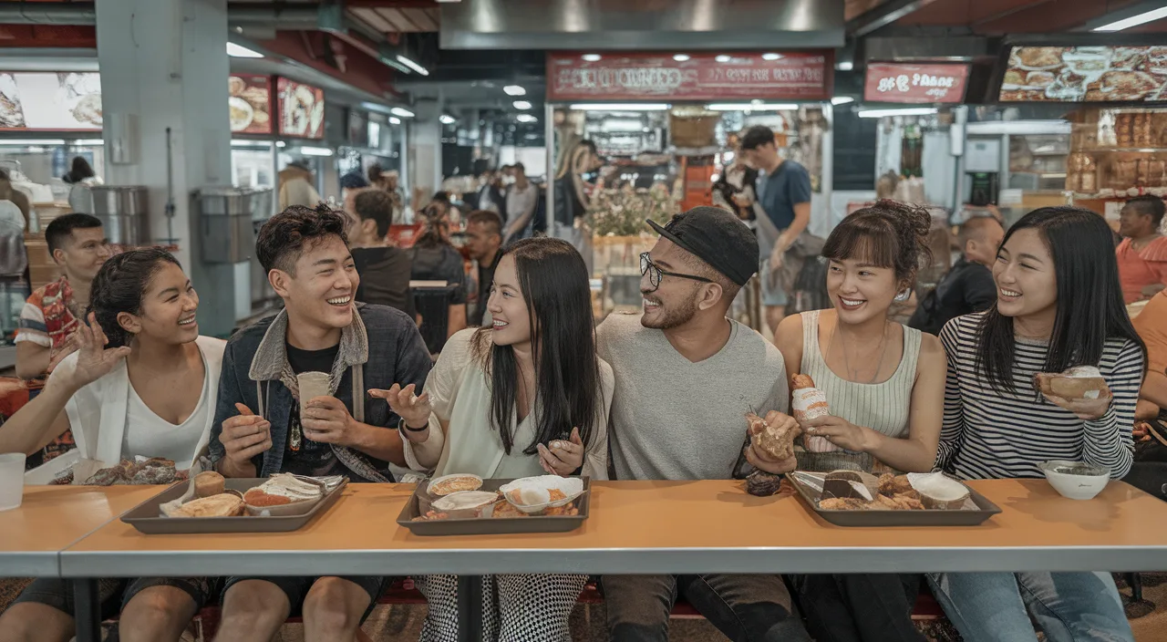 Young Singaporeans using Singlish at a hawker centre Young Singaporeans chatting at a hawker centre